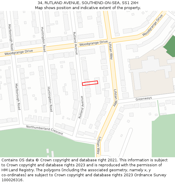 34, RUTLAND AVENUE, SOUTHEND-ON-SEA, SS1 2XH: Location map and indicative extent of plot