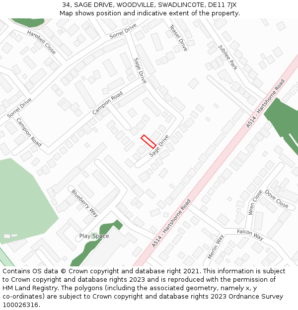 34, SAGE DRIVE, WOODVILLE, SWADLINCOTE, DE11 7JX: Location map and indicative extent of plot