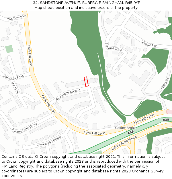 34, SANDSTONE AVENUE, RUBERY, BIRMINGHAM, B45 9YF: Location map and indicative extent of plot