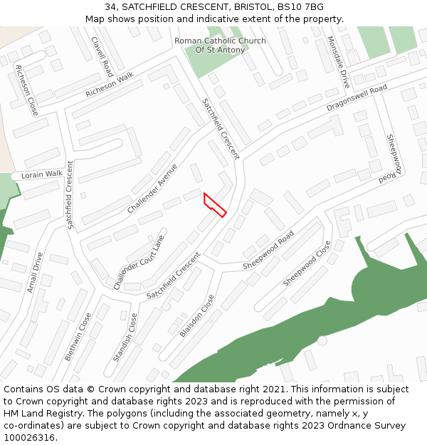 34, SATCHFIELD CRESCENT, BRISTOL, BS10 7BG: Location map and indicative extent of plot