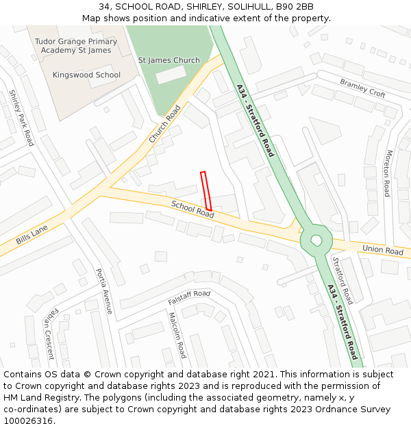 34, SCHOOL ROAD, SHIRLEY, SOLIHULL, B90 2BB: Location map and indicative extent of plot