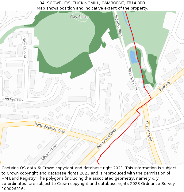 34, SCOWBUDS, TUCKINGMILL, CAMBORNE, TR14 8PB: Location map and indicative extent of plot