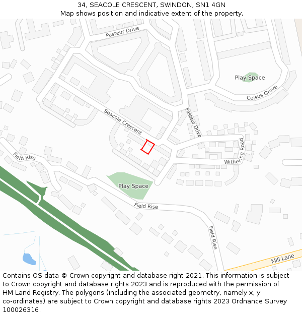 34, SEACOLE CRESCENT, SWINDON, SN1 4GN: Location map and indicative extent of plot