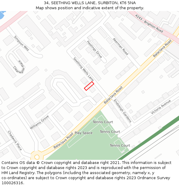 34, SEETHING WELLS LANE, SURBITON, KT6 5NA: Location map and indicative extent of plot
