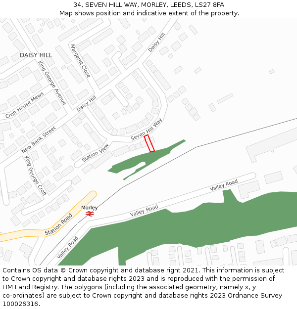 34, SEVEN HILL WAY, MORLEY, LEEDS, LS27 8FA: Location map and indicative extent of plot