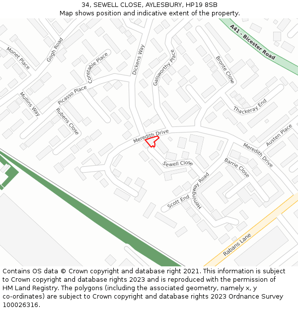34, SEWELL CLOSE, AYLESBURY, HP19 8SB: Location map and indicative extent of plot