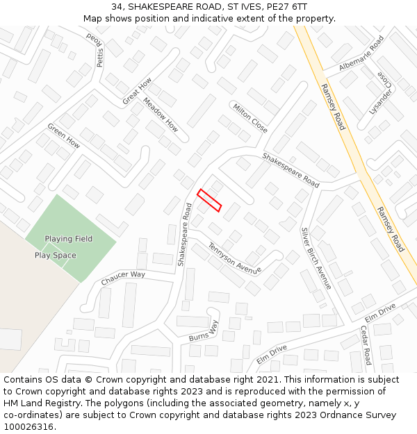 34, SHAKESPEARE ROAD, ST IVES, PE27 6TT: Location map and indicative extent of plot