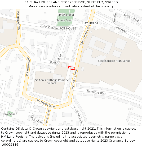 34, SHAY HOUSE LANE, STOCKSBRIDGE, SHEFFIELD, S36 1FD: Location map and indicative extent of plot