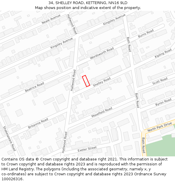 34, SHELLEY ROAD, KETTERING, NN16 9LD: Location map and indicative extent of plot