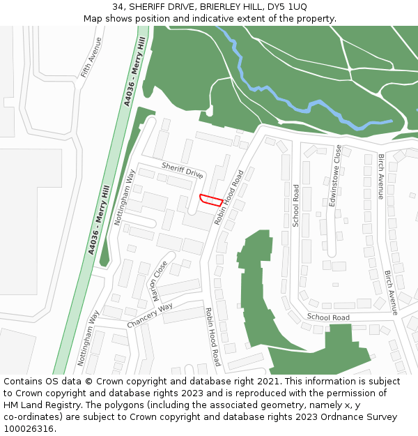 34, SHERIFF DRIVE, BRIERLEY HILL, DY5 1UQ: Location map and indicative extent of plot