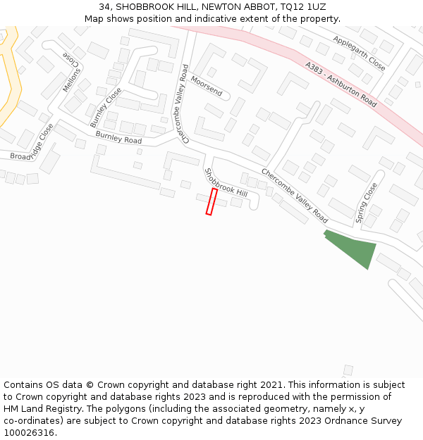 34, SHOBBROOK HILL, NEWTON ABBOT, TQ12 1UZ: Location map and indicative extent of plot