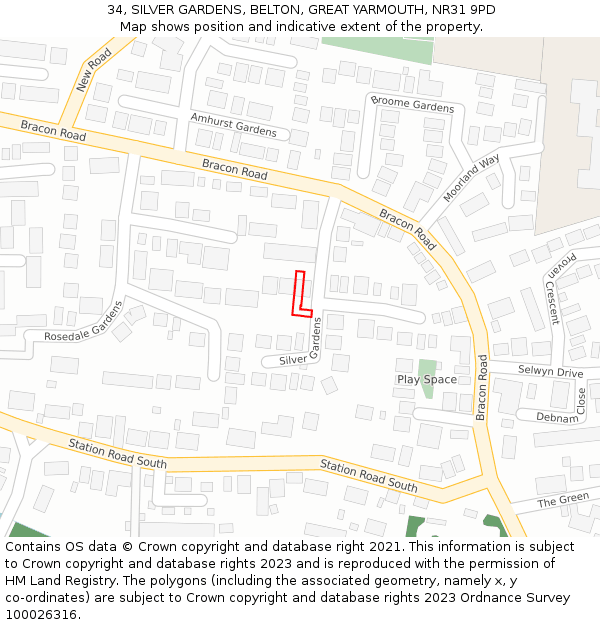 34, SILVER GARDENS, BELTON, GREAT YARMOUTH, NR31 9PD: Location map and indicative extent of plot