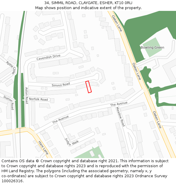 34, SIMMIL ROAD, CLAYGATE, ESHER, KT10 0RU: Location map and indicative extent of plot