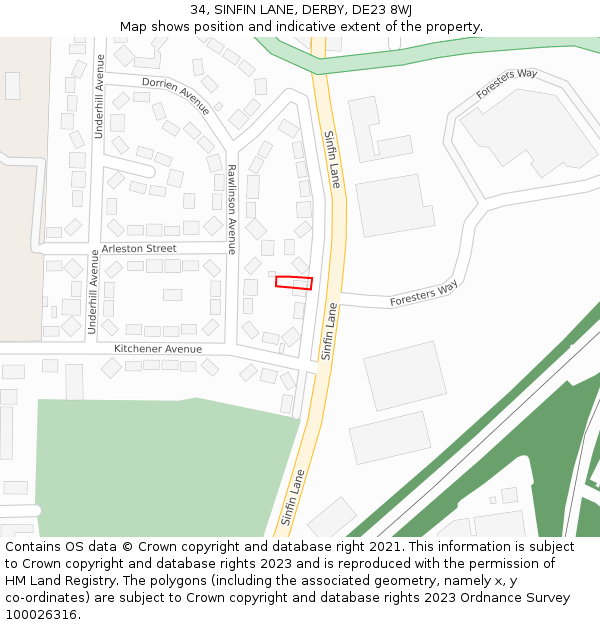 34, SINFIN LANE, DERBY, DE23 8WJ: Location map and indicative extent of plot