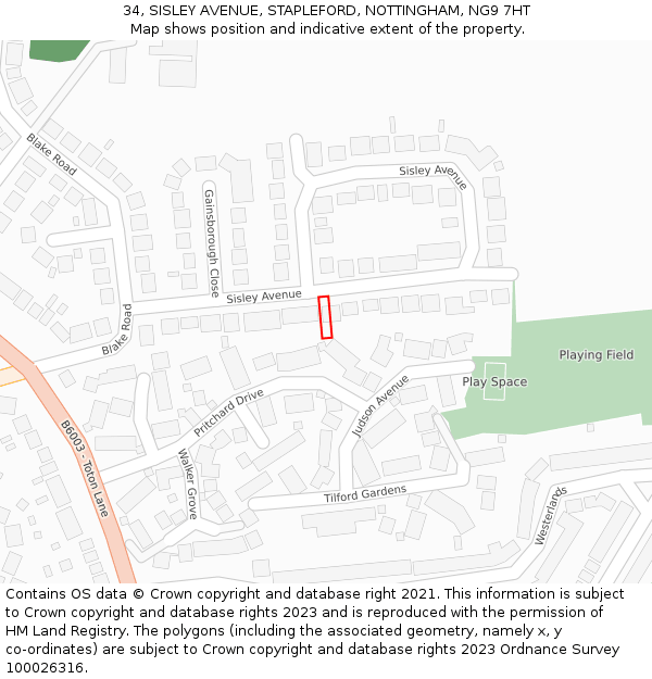 34, SISLEY AVENUE, STAPLEFORD, NOTTINGHAM, NG9 7HT: Location map and indicative extent of plot
