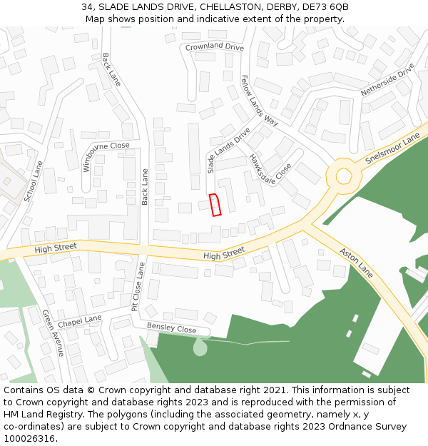 34, SLADE LANDS DRIVE, CHELLASTON, DERBY, DE73 6QB: Location map and indicative extent of plot