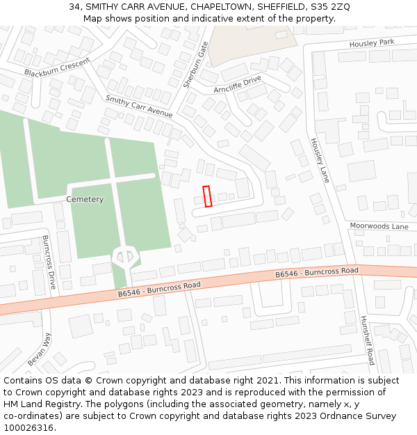 34, SMITHY CARR AVENUE, CHAPELTOWN, SHEFFIELD, S35 2ZQ: Location map and indicative extent of plot