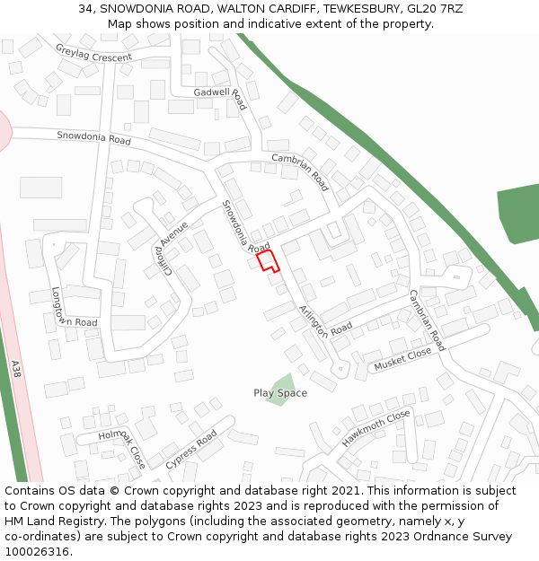 34, SNOWDONIA ROAD, WALTON CARDIFF, TEWKESBURY, GL20 7RZ: Location map and indicative extent of plot