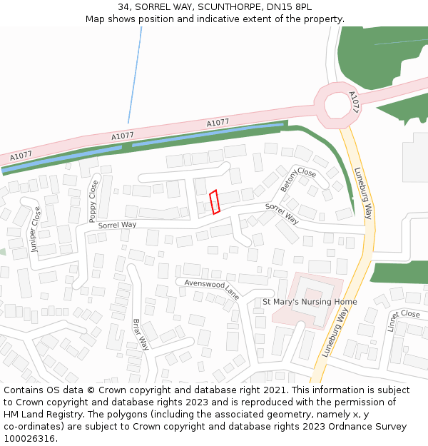 34, SORREL WAY, SCUNTHORPE, DN15 8PL: Location map and indicative extent of plot