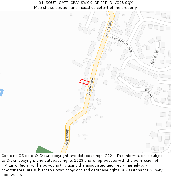 34, SOUTHGATE, CRANSWICK, DRIFFIELD, YO25 9QX: Location map and indicative extent of plot