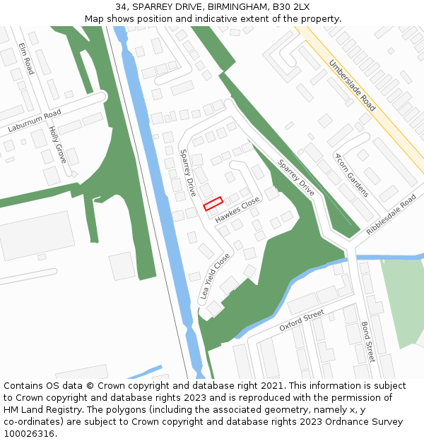 34, SPARREY DRIVE, BIRMINGHAM, B30 2LX: Location map and indicative extent of plot