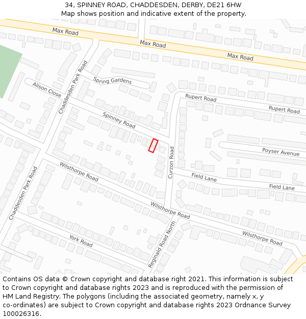 34, SPINNEY ROAD, CHADDESDEN, DERBY, DE21 6HW: Location map and indicative extent of plot