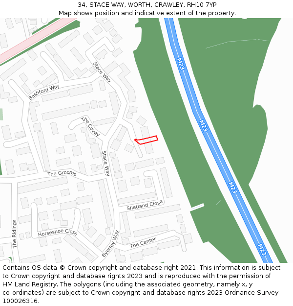 34, STACE WAY, WORTH, CRAWLEY, RH10 7YP: Location map and indicative extent of plot