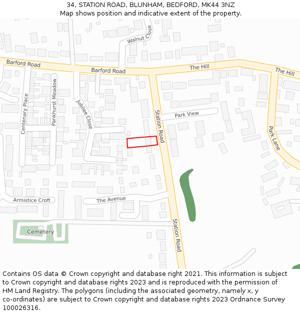 34, STATION ROAD, BLUNHAM, BEDFORD, MK44 3NZ: Location map and indicative extent of plot