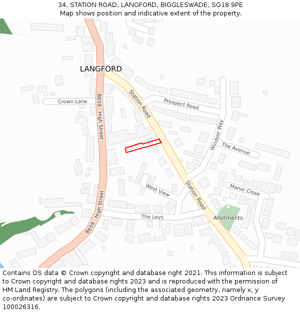 34, STATION ROAD, LANGFORD, BIGGLESWADE, SG18 9PE: Location map and indicative extent of plot