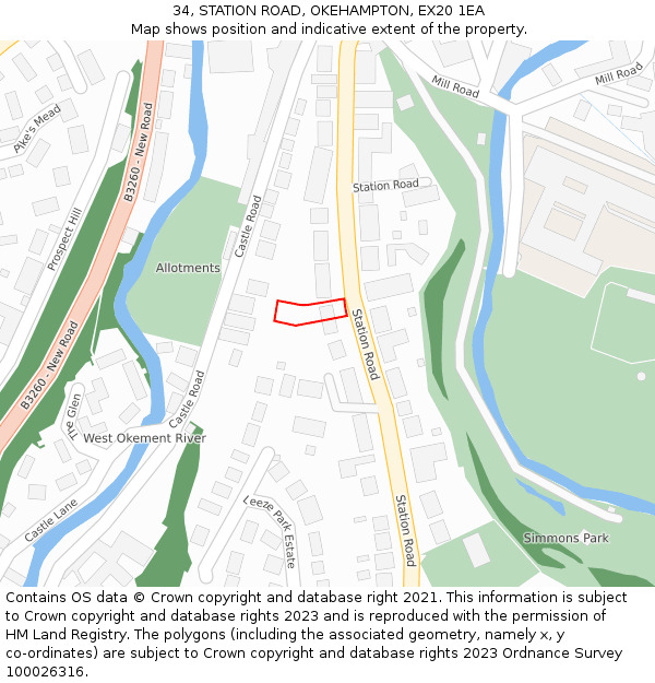 34, STATION ROAD, OKEHAMPTON, EX20 1EA: Location map and indicative extent of plot