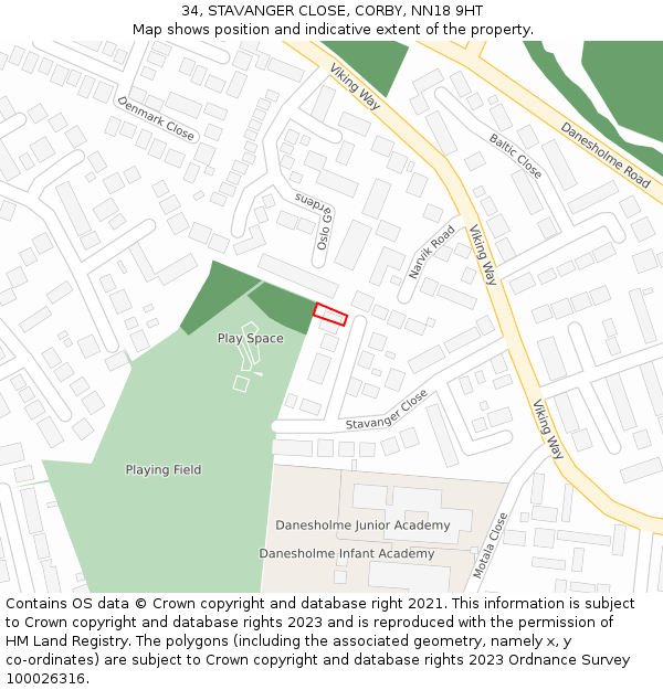 34, STAVANGER CLOSE, CORBY, NN18 9HT: Location map and indicative extent of plot
