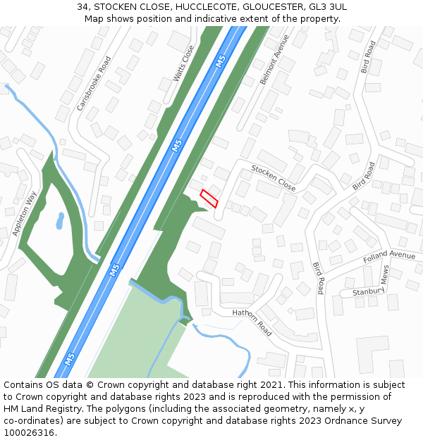 34, STOCKEN CLOSE, HUCCLECOTE, GLOUCESTER, GL3 3UL: Location map and indicative extent of plot