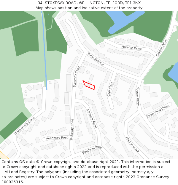 34, STOKESAY ROAD, WELLINGTON, TELFORD, TF1 3NX: Location map and indicative extent of plot