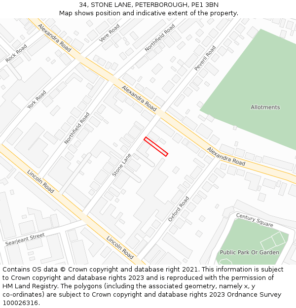 34, STONE LANE, PETERBOROUGH, PE1 3BN: Location map and indicative extent of plot