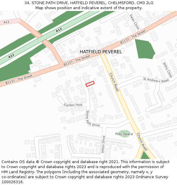 34, STONE PATH DRIVE, HATFIELD PEVEREL, CHELMSFORD, CM3 2LG: Location map and indicative extent of plot