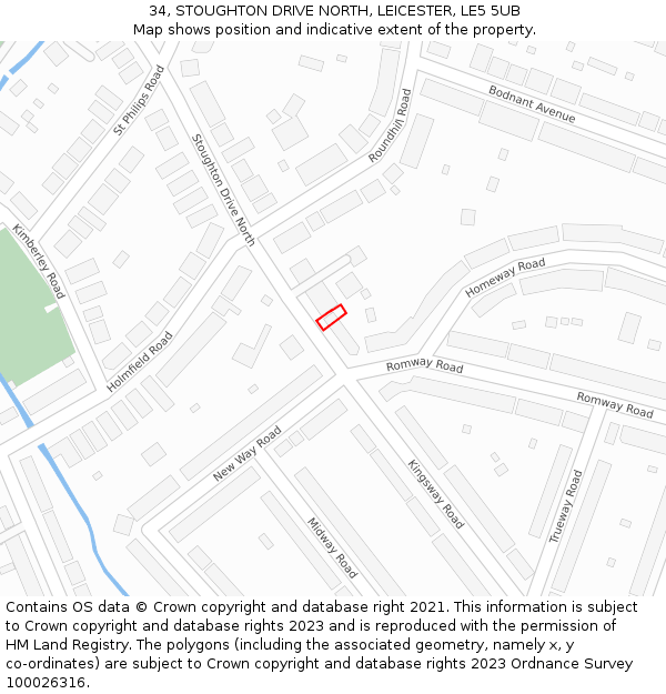34, STOUGHTON DRIVE NORTH, LEICESTER, LE5 5UB: Location map and indicative extent of plot