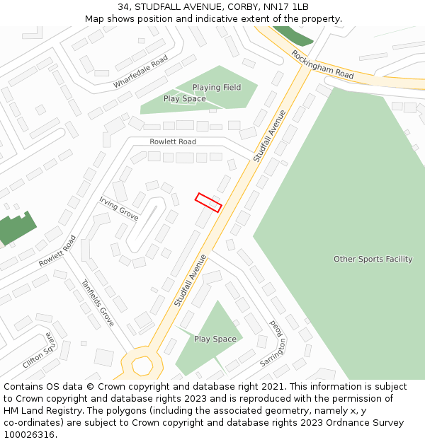 34, STUDFALL AVENUE, CORBY, NN17 1LB: Location map and indicative extent of plot