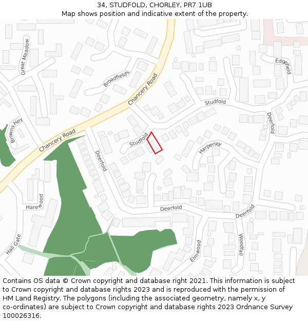 34, STUDFOLD, CHORLEY, PR7 1UB: Location map and indicative extent of plot