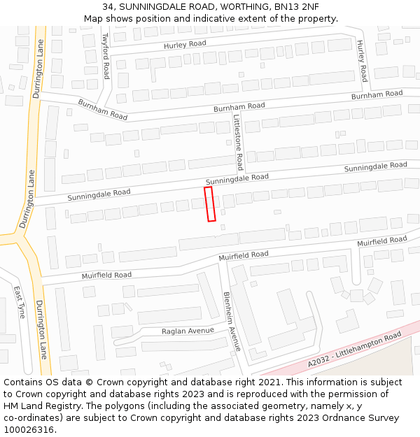 34, SUNNINGDALE ROAD, WORTHING, BN13 2NF: Location map and indicative extent of plot