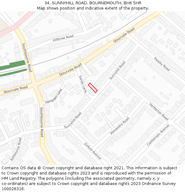 34, SUNNYHILL ROAD, BOURNEMOUTH, BH6 5HR: Location map and indicative extent of plot
