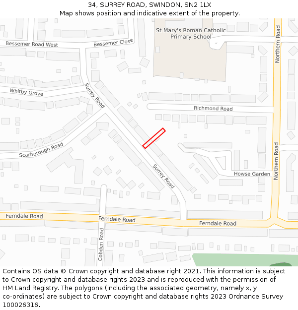 34, SURREY ROAD, SWINDON, SN2 1LX: Location map and indicative extent of plot
