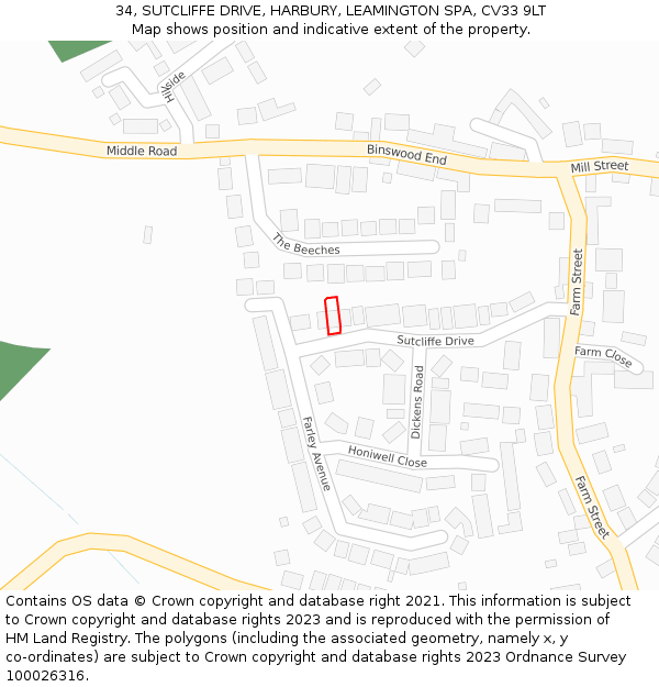34, SUTCLIFFE DRIVE, HARBURY, LEAMINGTON SPA, CV33 9LT: Location map and indicative extent of plot