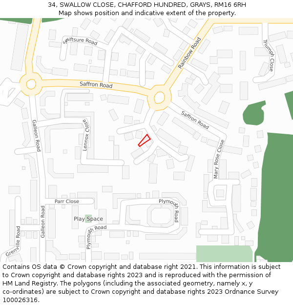 34, SWALLOW CLOSE, CHAFFORD HUNDRED, GRAYS, RM16 6RH: Location map and indicative extent of plot