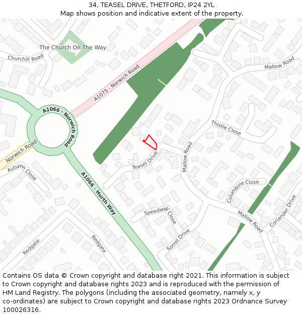 34, TEASEL DRIVE, THETFORD, IP24 2YL: Location map and indicative extent of plot