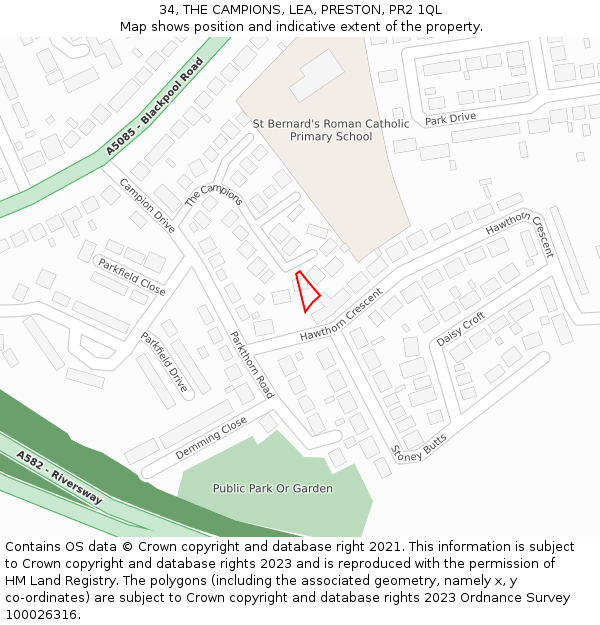 34, THE CAMPIONS, LEA, PRESTON, PR2 1QL: Location map and indicative extent of plot