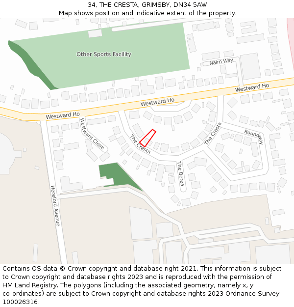 34, THE CRESTA, GRIMSBY, DN34 5AW: Location map and indicative extent of plot
