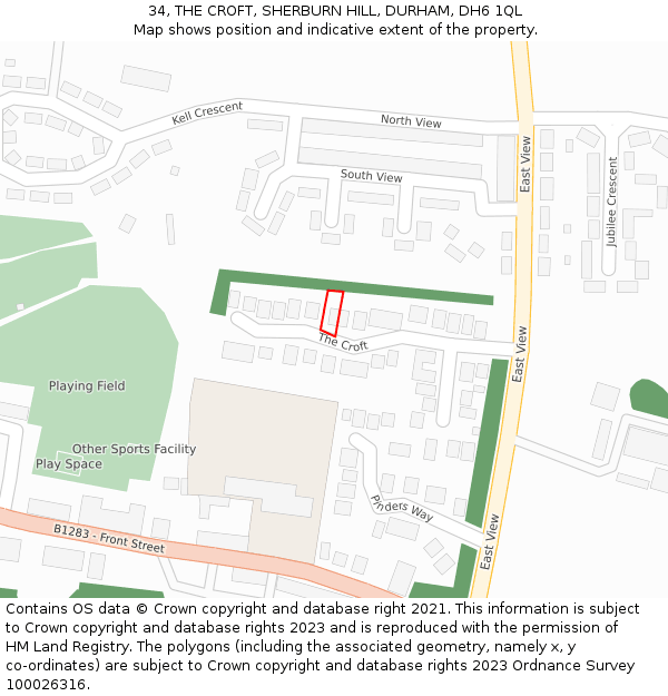 34, THE CROFT, SHERBURN HILL, DURHAM, DH6 1QL: Location map and indicative extent of plot