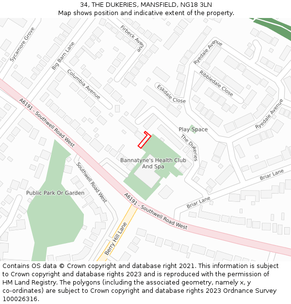 34, THE DUKERIES, MANSFIELD, NG18 3LN: Location map and indicative extent of plot