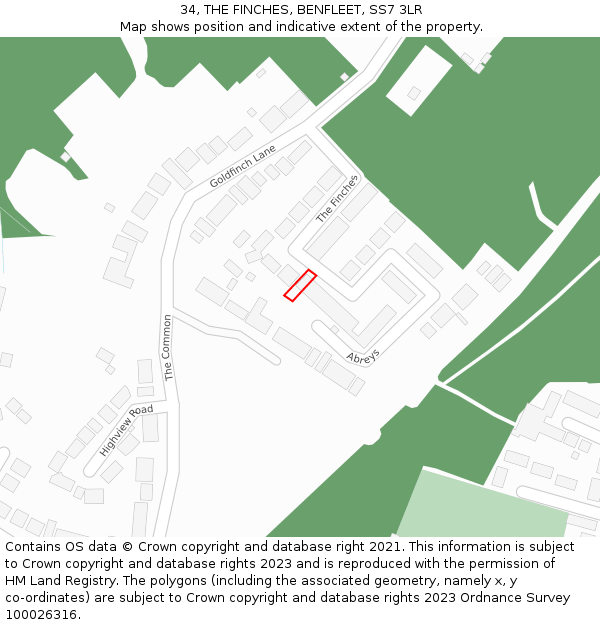 34, THE FINCHES, BENFLEET, SS7 3LR: Location map and indicative extent of plot