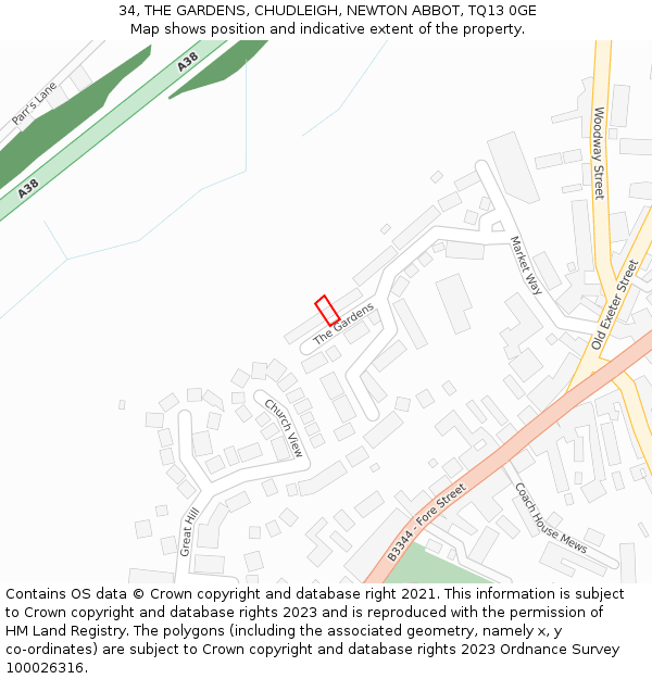 34, THE GARDENS, CHUDLEIGH, NEWTON ABBOT, TQ13 0GE: Location map and indicative extent of plot
